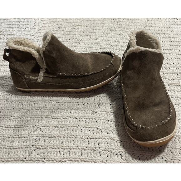 LL Bean Fur Lined Slip On Ankle Moccasin Boots Suede Womens Sz 10 M Brown 510523 - Picture 1 of 9
